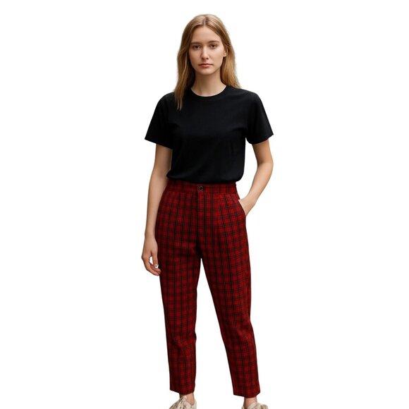 Vintage Santa Cruz Red Plaid Pleated Front High Rise Cuffed Pants Size 5 - Picture 1 of 6